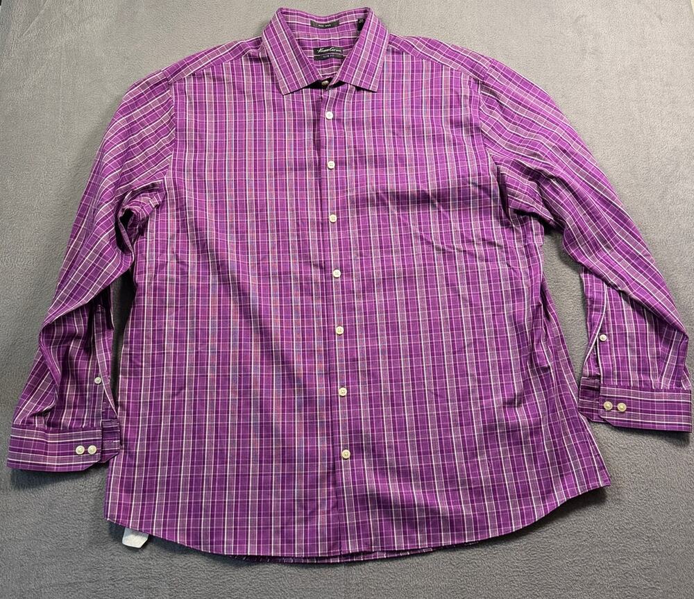 Kenneth Cole Mens XL Dress Shirt (18) 34/35 Purple Plaid Long Sleeve Button Down